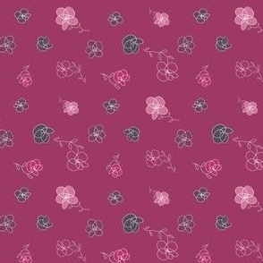 Tossed flowers with magenta, burgundy, pink, white, gray, on magenta - small scale print