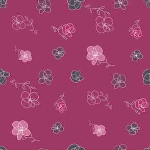 Tossed flowers with magenta, burgundy, pink, white, gray, on magenta - medium scale print