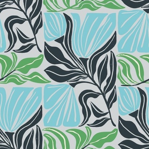 Abstract block floral teal blue bright green and dark green