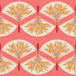 Fans with Gold leaves on Coral background