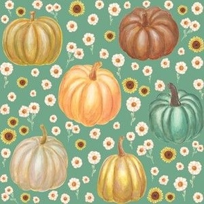 Dainty Flowers &  Pumpkins in Acapulco Green - (L)