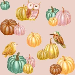 Watercolor Pumpkins & Autumnal Birds in Pot Pourri Pink - (XL)