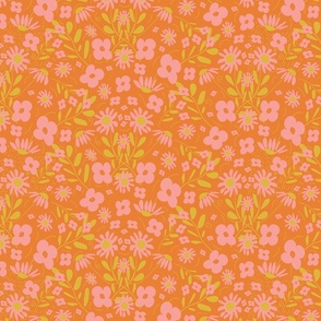 Folk Floral - Pink On Orange - Ditsy Fabric - Large Wallpaper.