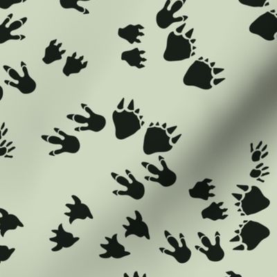 Dino Tracks- Dinosaur Footprints- Black on Pale Moss Green- Small Scale