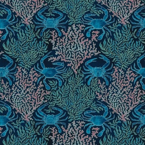 Crab Dance in the Seaweed, azure and teal, medium