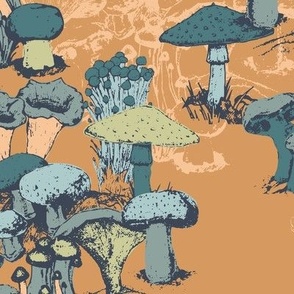 Small Scale - Wild Mushrooms Teal Layered on an Orange Background