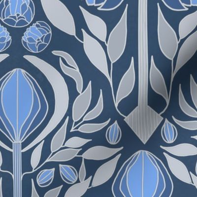Art deco peonies in blue and gray