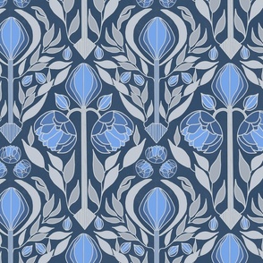 Art deco peonies in blue and gray,  jumbo scale