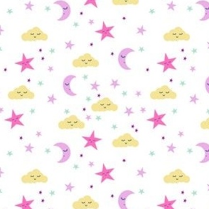 SMALL moon and stars fabric sweet baby nursery fabric - purple, pink,  yellow