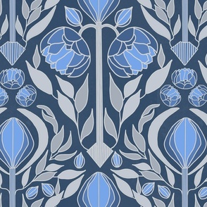Art deco peonies in blue and gray small scale