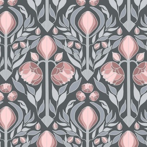 Art deco peonies pink and gray small scale