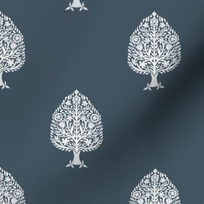 SMALL Tree Block Print Wallpaper - navy blue_ simple woodcut_ linocut interiors design 6in