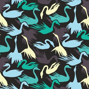 Swan Pattern in Gray, Cream, Turquoise, Teal & Light Blue - Large Scale