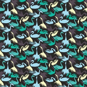 Swan Pattern in Gray, Cream, Turquoise, Teal & Light Blue - Small Scale