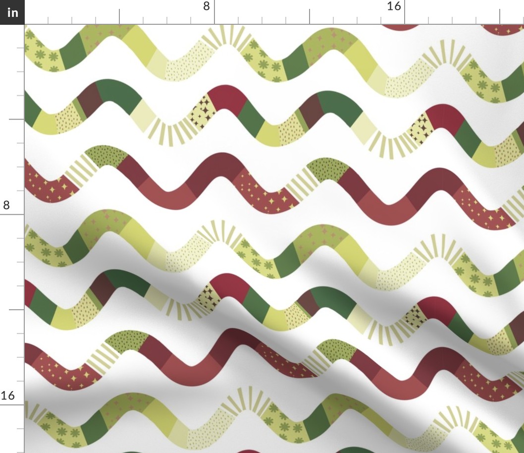 cute light green, green and burgundy little wavy lines on white - medium scale