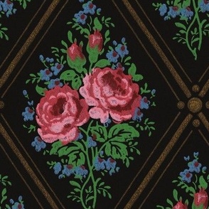 Old world roses on black with gold lattice 