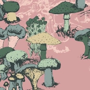 Wild Mushrooms Green Layered on a  Pink Background - Small Scale