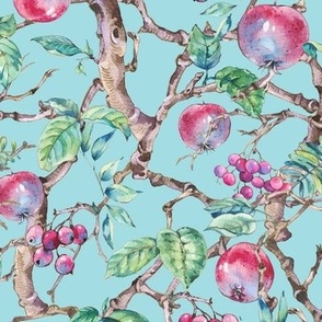 Watercolor apple branches on blue
