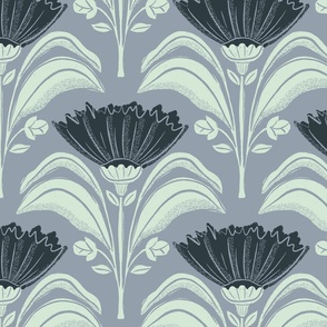 Symmetrical geometric florals with leaves_heather gray bkg dark green flowers