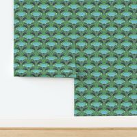 Symmetrical geometric florals with leaves_Kelly green bkg teal blue flowers