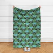 Symmetrical geometric florals with leaves_Kelly green bkg teal blue flowers