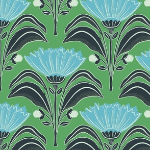 Symmetrical geometric florals with leaves_Kelly green bkg teal blue flowers