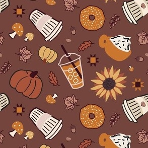 (M) Cozy fall coffee shop, pumpkin spice latte, pumpkin, tossed, orange and brown
