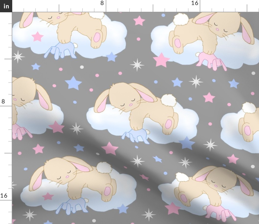 Bunny Sleeping on Cloud with Stars Pink Blue Baby Nursery Large Size 