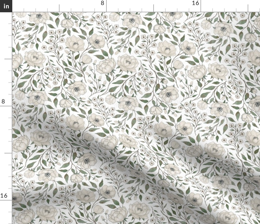  Vintage floral - cream peony garden- textured white background S scale
