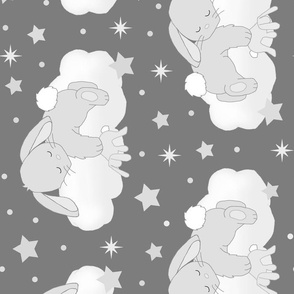 Bunny Sleeping on Cloud with Stars Gray Baby Girl Boy Nursery Rotated 90