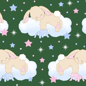 Bunny Sleeping on Cloud with Stars Pink Hunter Green Baby Nursery Large Size 
