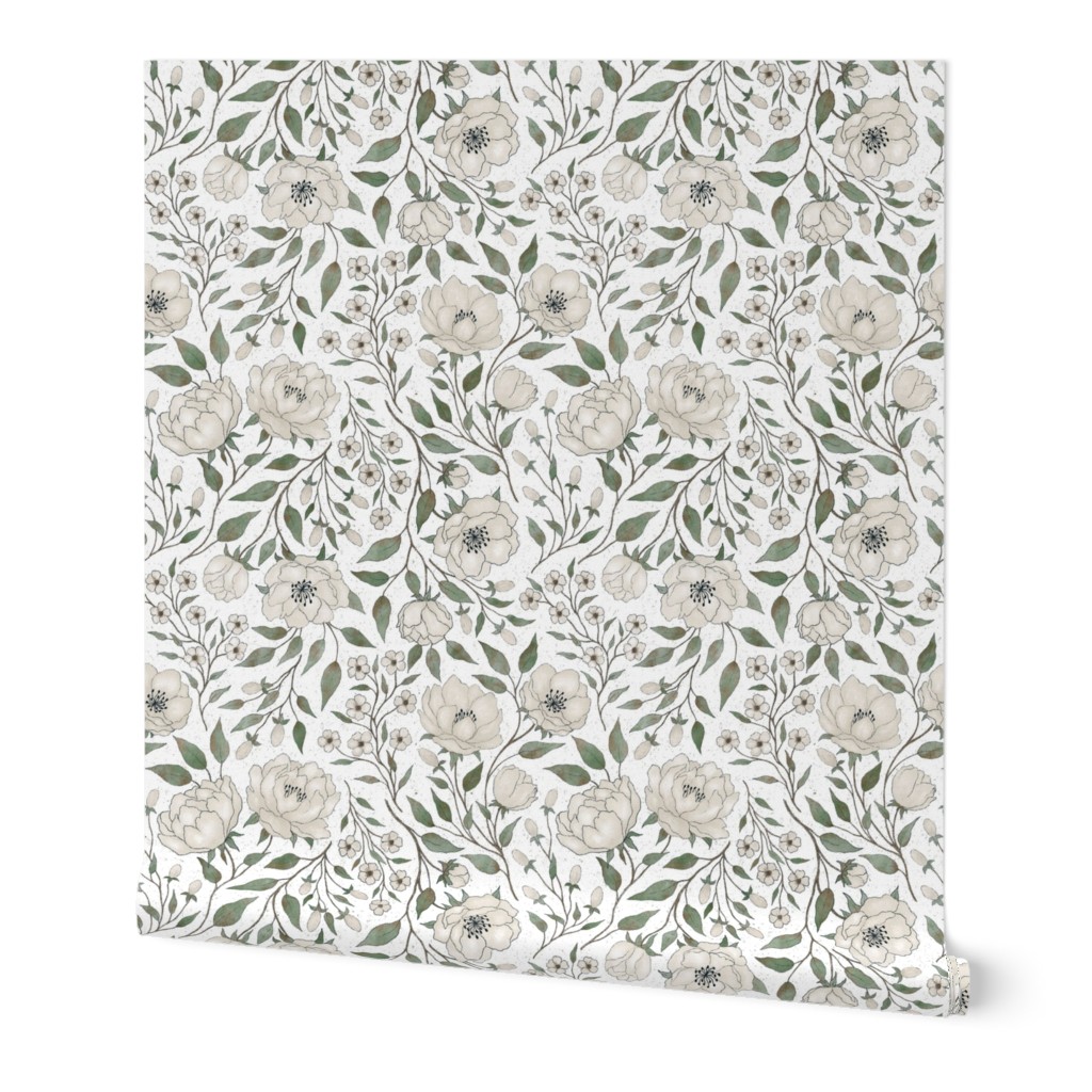 (M) Vintage floral - cream peony garden- textured white background M scale