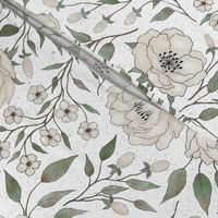 (M) Vintage floral - cream peony garden- textured white background M scale