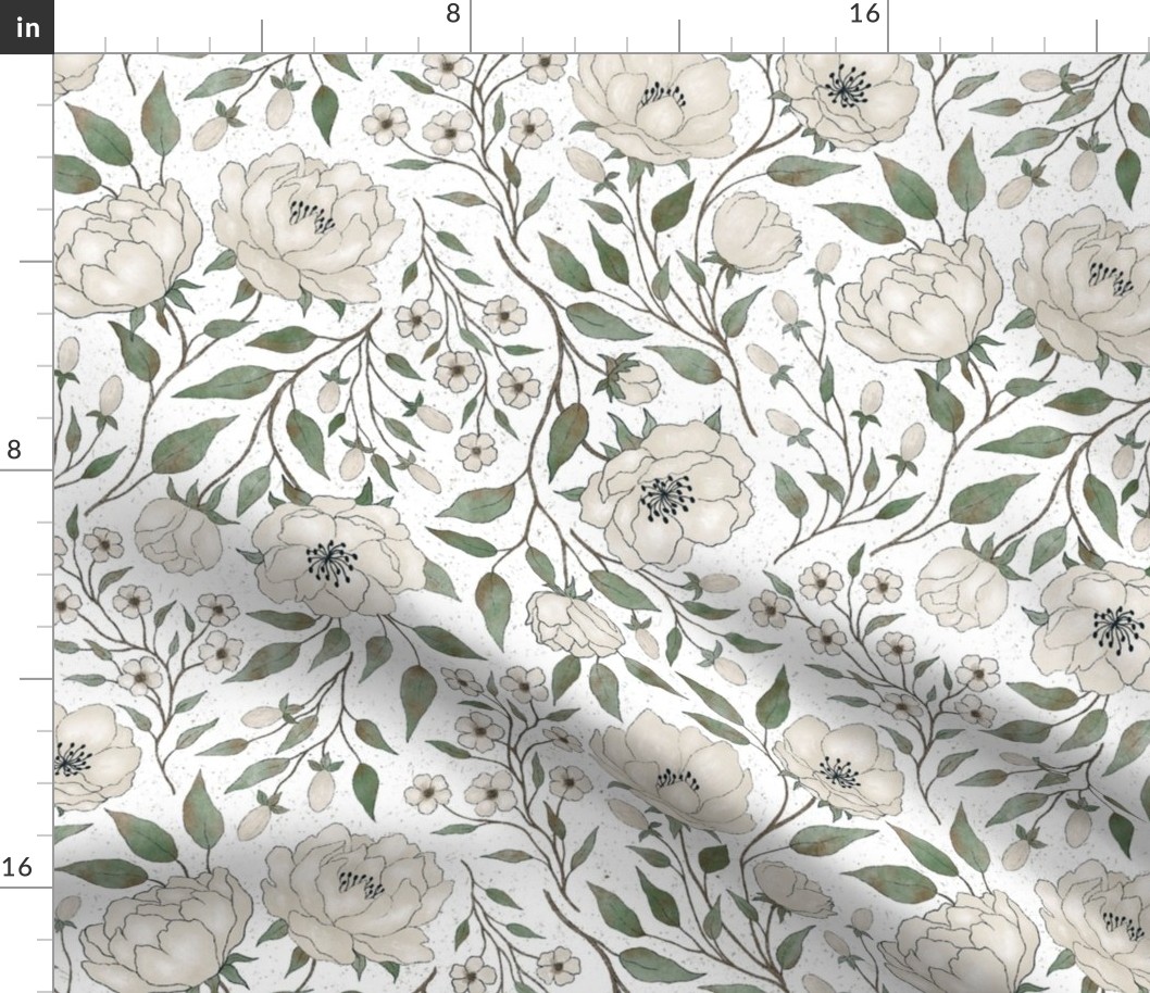 (M) Vintage floral - cream peony garden- textured white background M scale