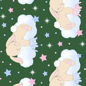 Bunny Sleeping on Cloud with Stars Pink Hunter Green Baby Nursery Rotated 