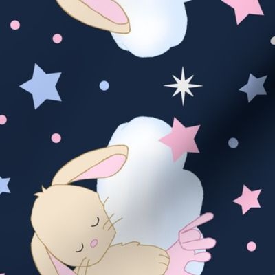 Bunny Sleeping on Cloud with Stars Pink Navy Blue Baby Nursery Rotated 90