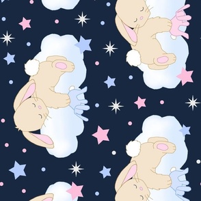 Bunny Sleeping on Cloud with Stars Pink Navy Blue Baby Nursery Rotated 90