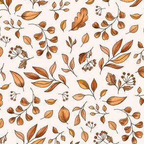 Cute autumn leaves and  berries hand drawn in pencil -light background