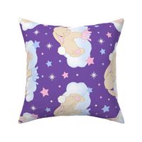 Bunny Sleeping on Cloud with Stars Pink Royal Purple Baby Girl Nursery Rotated 90 