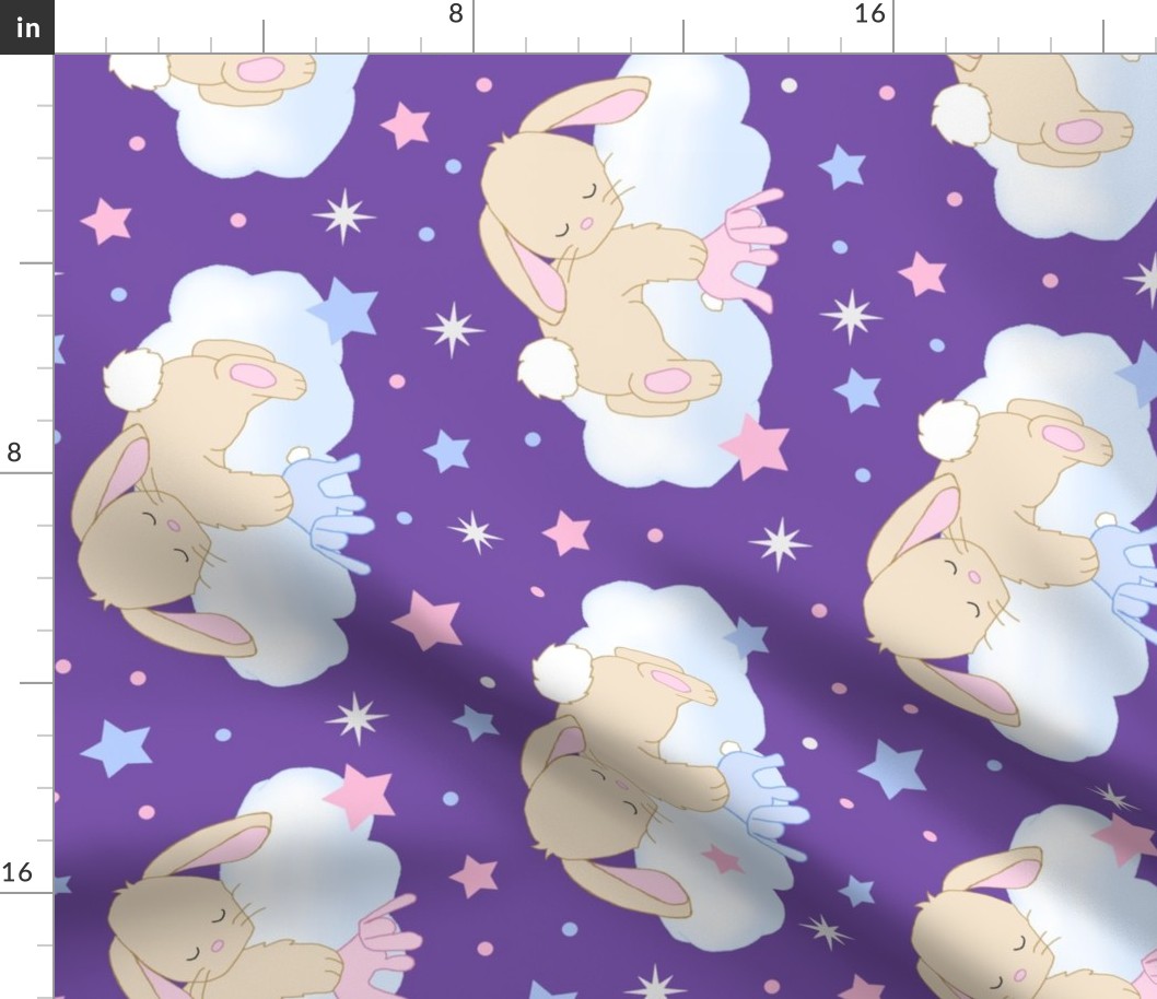 Bunny Sleeping on Cloud with Stars Pink Royal Purple Baby Girl Nursery Rotated 90 