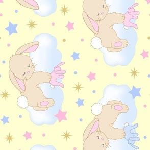 Bunny Sleeping on Cloud with Stars Pink Blue Yellow Baby Girl Boy Nursery Rotated 90 