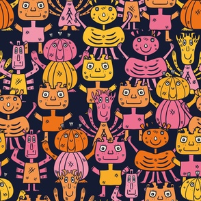 Happy Monster Mash in soft pink orange yellow on dark moody night blue XL jumbo_N