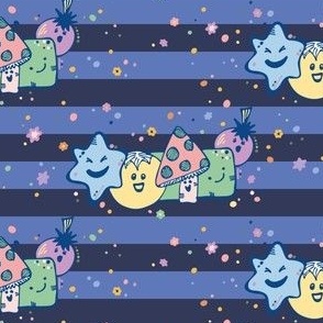 Cheeky Stars, Happy Mushrooms and Smiling Shapes Cute Kid Stripe in Blues for Toddlers
