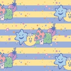 Cheeky Stars, Happy Mushrooms and Smiling Shapes Cute Kid Stripe in Blue and Yellow for Toddlers
