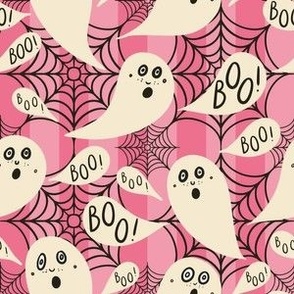 Whimsigothic ghosts with boo speech bubbles on pink vertical stripes with cobwebs S small new