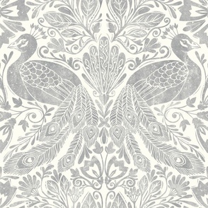 Damask peacock block print ultimate gray grey white natural