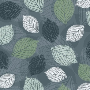 Hydrangea Leaves in Slate Gray, Green and Light Gray