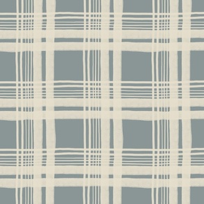 Large scale - Cottagecore rustic charm irregular patchwork grid plaid in smoke blue and cream