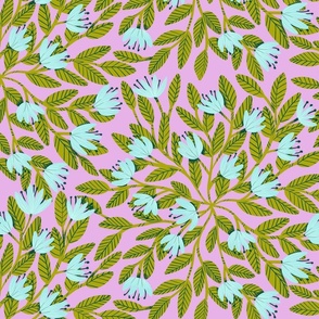 Dainty Flowers - Light Blue with Chartreuse Leaves on Pink Background - Medium