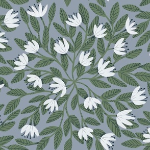 Dainty Flowers - White on Blue-Grey Background - Medium